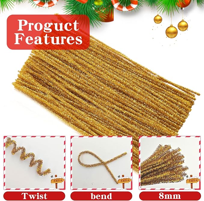 Gold Pipe Cleaners,Glitter Gold Craft Pipe Cleaners,200pcs Supplies for Home DIY Handmade Arts,Arts and Crafts for Kids Ages 6-8,Glitter Pipe Cleaners for Festivals DIY Decorations,Christmas Decor