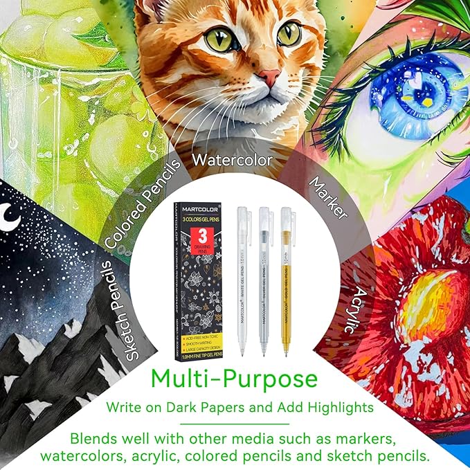 MARTCOLOR Gold Silver White Gel Pens, 1.0 Fine Point Opaque Archival Ink Pen for Black Paper Drawing, Art Highlight, Illustration, Bullet Journaling, Card Making & DIY Projects, 3 Pack