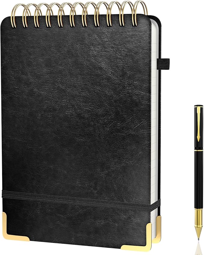 A5 Top Spiral Notebook, Large Leather Hardcover Top Bound Steno Pads, 240 Pages 100 gsm Thick Lined Paper Left Handed Notebook Journal for Work, School, Meeting Writing - Black, 5.9" x 8.5"