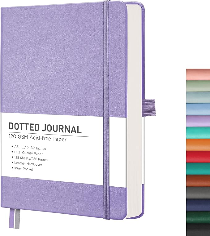 RETTACY Dotted Journal Notebook, 256 Pages, A5 Medium Size (5.7'' × 8.3''), Leather Hardcover, 120 GSM Thick Paper, for Journaling, Planning, Tracking (Purple)