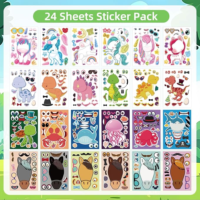 24 Sheets 8.27''×5.9'' Make Your Own Stickers for Kids Toddlers, Make a Face Stickers Mix and Match with Unicorns Dinosaur Horse and Sea Animals for Kids Party Favors Activities