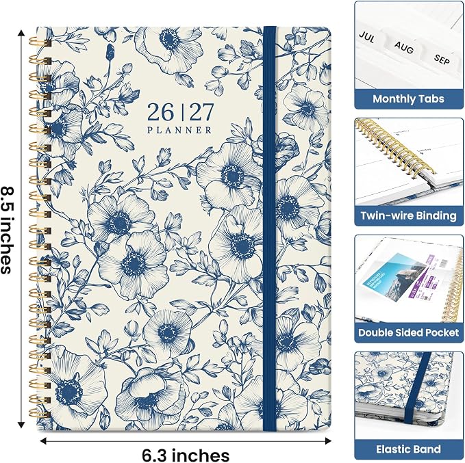 Planner 2026–2027, Weekly & Monthly Academic Organizer for School Year, Jul 2026–Jun 2027, Hardcover Planner with Tabs, Back to School Essential, 6.3" x 8.5", Porcelain Bloom