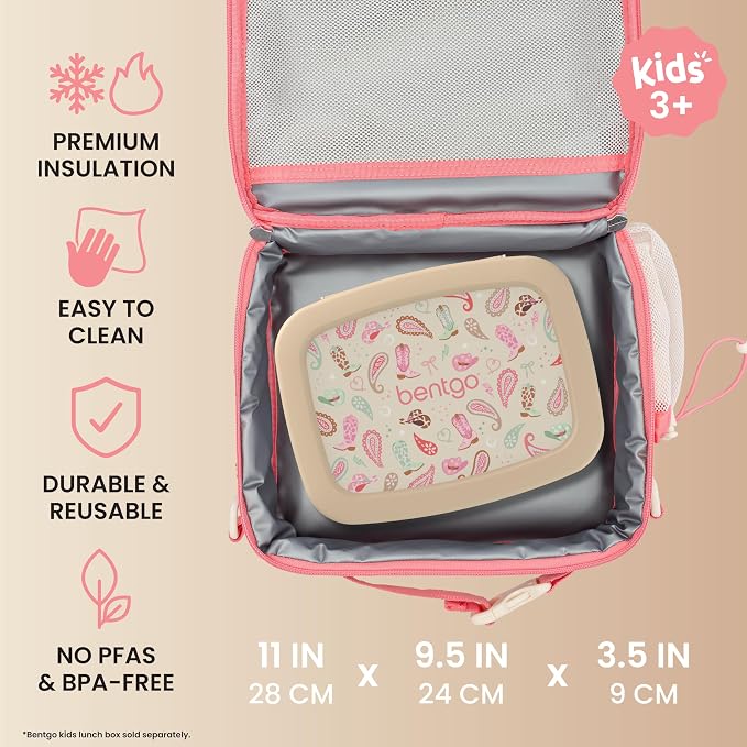 Bentgo Kids Prints Double-Insulated Reusable Lunch Bag | For Kids 3+, Adjustable Strap; Holds Lunch Box/Water Bottle/Snacks; Easy-Clean, Water-Resistant, Pockets (NEW Cowgirl Dreams)