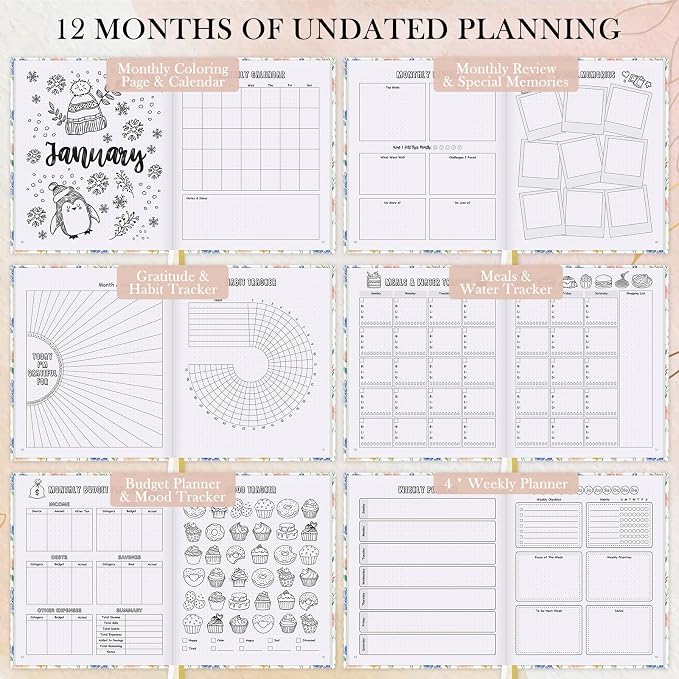 Everloria Premade Dotted Journal Notebook, 12 Months Pre-made Templates, 260 Hand-Drawn Coloring Pages, Undated Weekly & Monthly Planner, 7.8"x9.3" Leather Dot Grid Mood Habit Tracker