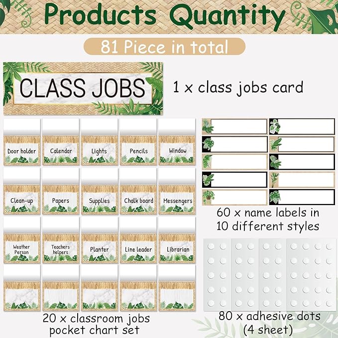 81 Piece Simply Boho Greenery Class Jobs Bulletin Board Greenery Classroom Jobs Pocket Chart Set Teacher's Helper Chalkboard Decor Classroom Bulletin Board Set Wall Decoration for Back to School