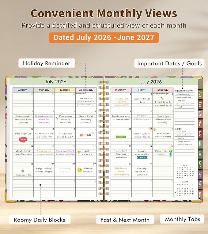 Teacher Planner 2026-2027, July 2026 - June 2027, Academic Weekly & Monthly Calendar Planner with Tabs, 8.5" x 11" A4 Teacher Lesson Plan Book with 7 Periods, Daily Agenda School Organizer for Teacher Student Homeschool Abstract Flowers