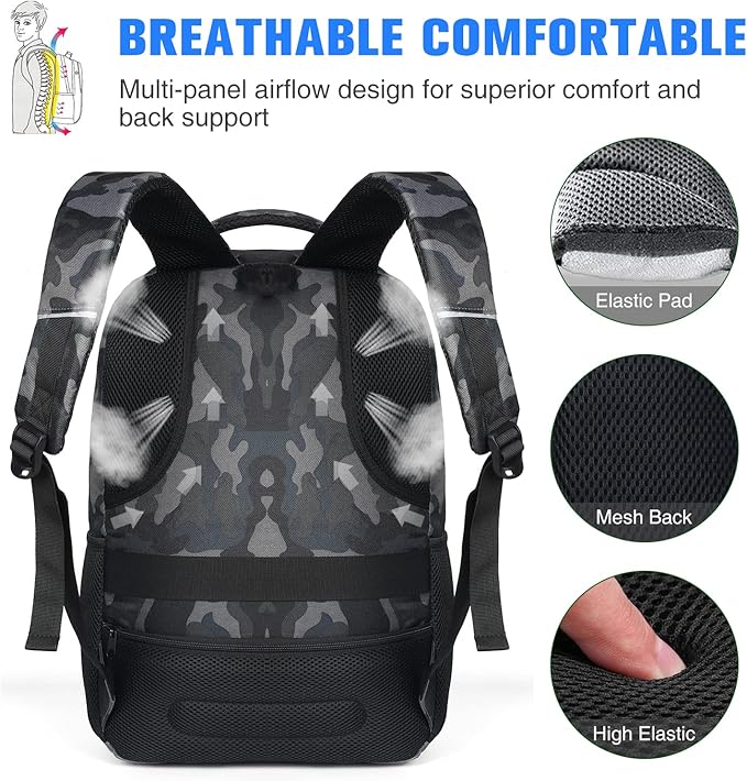 Paude 17 inch Travel Business Backpack for Men,College Backpack School Bookbag for Teens,Laptop Bookbag with USB Port and Headphone Hole,Camouflage Black