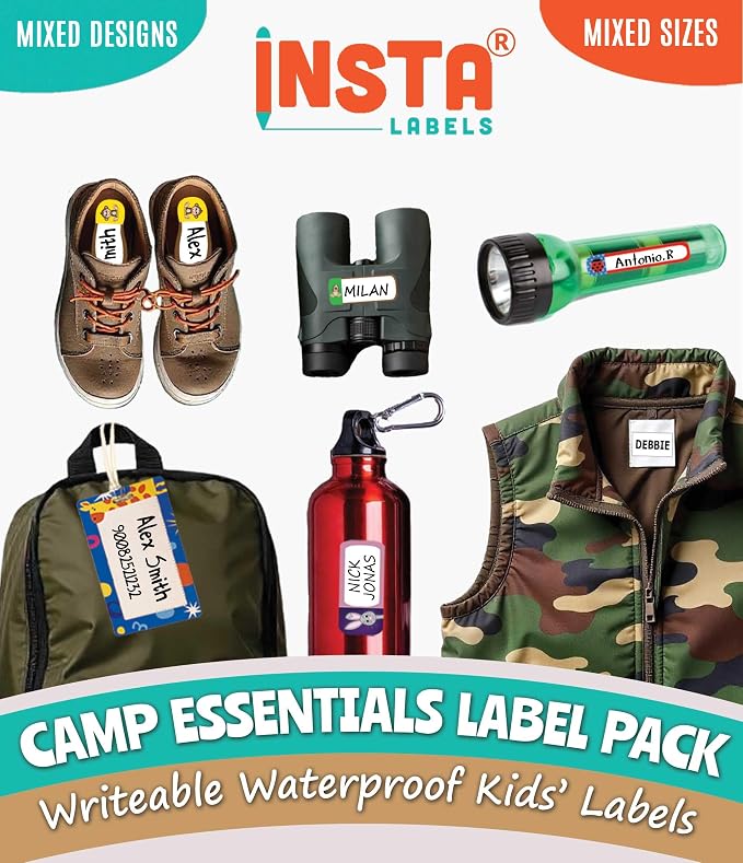 Camp Essentials Label Pack - 252 Waterproof Name Labels for Kids, Name Stickers, Bag Tags & Clothing Labels for Kids Camp, Iron on Tags for Clothing & No Iron Washable Fabric Sticker for Clothes