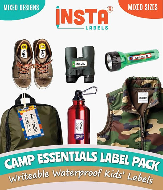 Camp Essentials Label Pack - 252 Waterproof Name Labels for Kids, Name Stickers, Bag Tags & Clothing Labels for Kids Camp, Iron on Tags for Clothing & No Iron Washable Fabric Sticker for Clothes