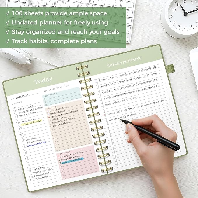 Oucaru Undated Daily Planner, 8.5"x11", A4 Size Spiral Notebook with Hourly Schedule, To Do List, Priorities, and Notes for Productivity - Easily Organize Your Tasks, Appointments & Goals for Women