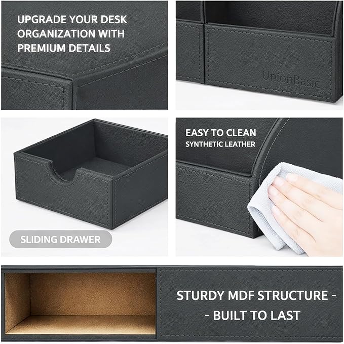 UnionBasic Desk Organizer - Multifunctional Leather Desktop Pen Holder Storage Box - Business Card/Pen/Pencil/Mobile Phone/Stationery Holder, Taiga Dark Gray