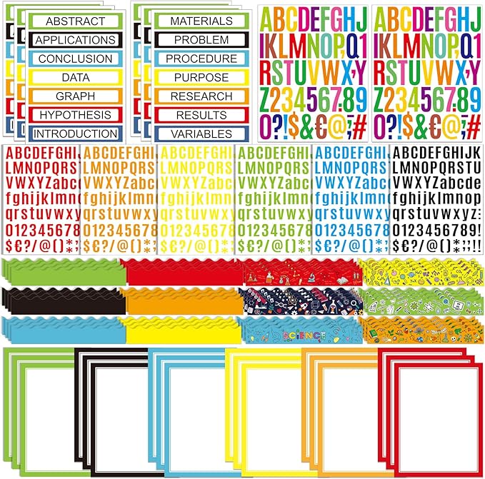 Sinload 92 Pcs Science Fair Board Supplies 60 Trim Scalloped Poster Boards 18 Presentation Subtitles 6 Project Titles 8 Letter Sticker for Classroom Display Boards(Multicolor,Science Lab)