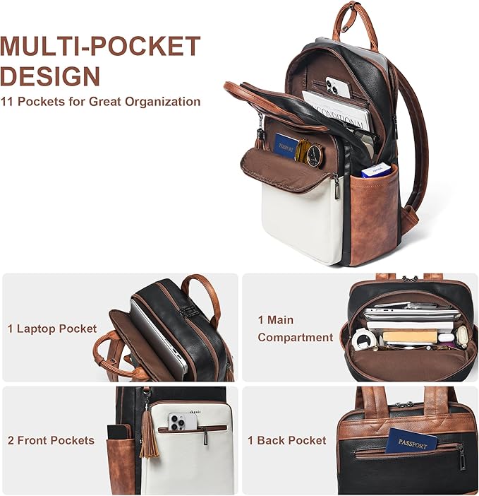 Shrrie Laptop Backpack for Women 15.6 inch Travel Leather Backpack Purse Work Computer Backpacks for Business College Black With Brown and White