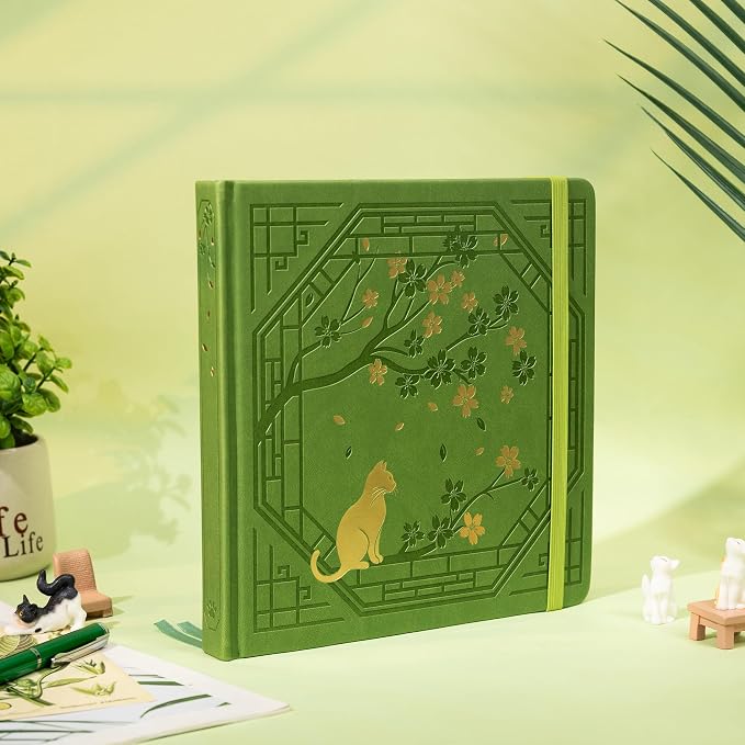 TIEFOSSI Square Dotted Journal, Cute Cat Journal for Women Girls, Dot Notebook with Pretty Sakura Pattern, Aesthetic Diary for Writing Journaling Drawing, Golden Edges, 8 x 8 IN