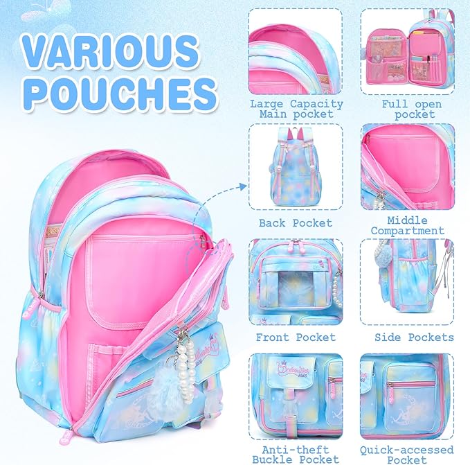 Alrisg Girls Backpack for Kids Elementary Middle School Cute Student Bookbag School Bag Blue Set