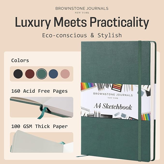 BROWNSTONE JOURNALS A4 Sketch Book Hardcover - 80 Sheets 100 GSM Paper 8.5"x11.5", Lay Flat, Vegan Leather Cover, Elastic Band, Back Pocket, Art Drawing Book (Dartmouth Green)