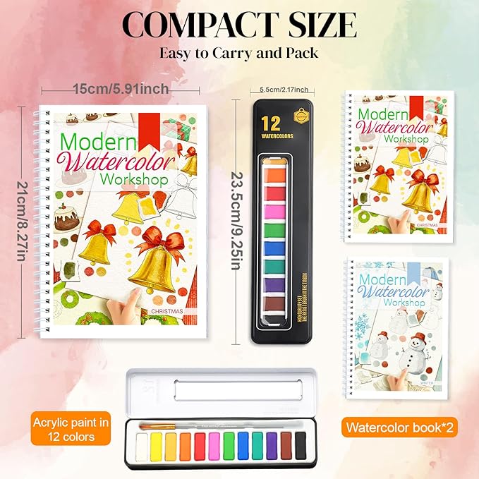 APOLYONE 2-Pack Beginner Watercolor Workbooks: 24 Coloring Pages + 12 Watercolor Paints + Brush – 300gsm/140lb Paper – Gift for Women, Adults & Beginners (Winter & Christmas)