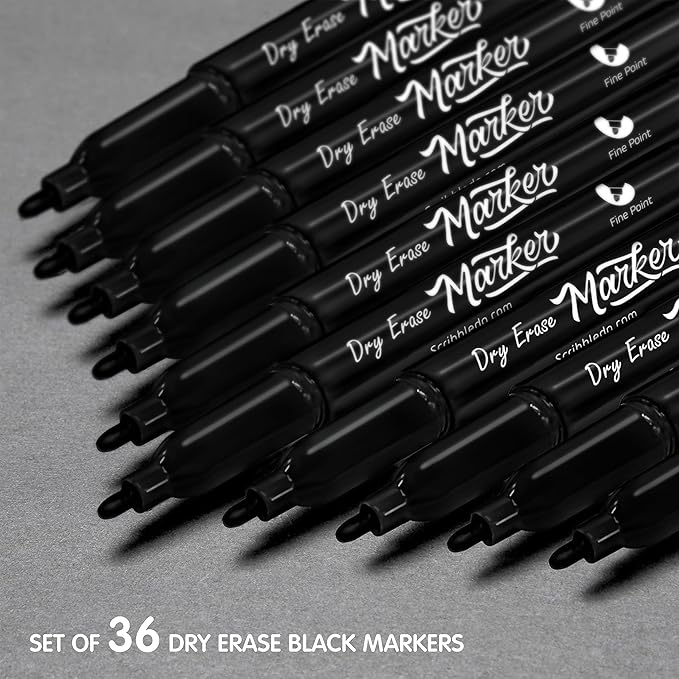 Scribbledo 36-Pack Black Fine Tip Dry Erase Markers with Eraser Cap | Low-Odor Whiteboard Markers for Office, Workplace & Professional Use