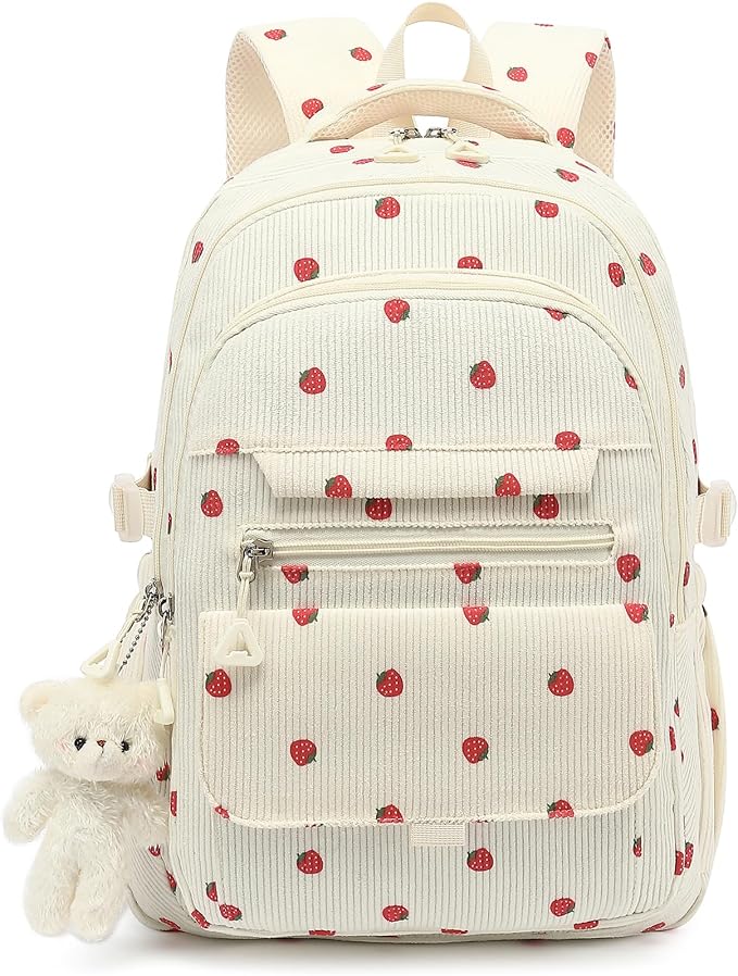 PRLINJSK Girls Backpack for College High Middle School Student, Cute Aesthetic Bookbag for Teens Women with Accessories, Beige Strawberry
