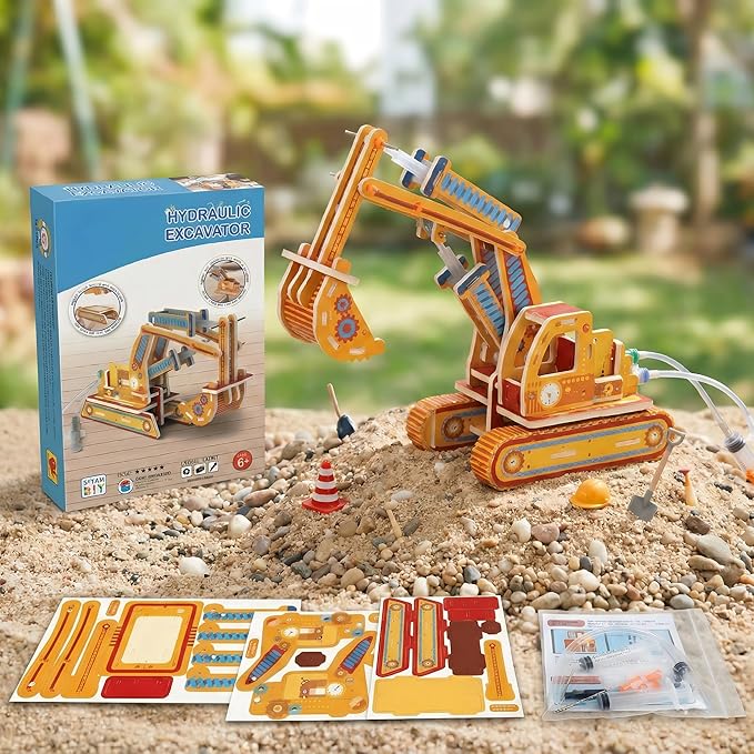STEM Pneumatic Excavator Model Kit – DIY Science Toy for Kids, Build a Working Digging Machine with Air Pressure Syringe & Tubing