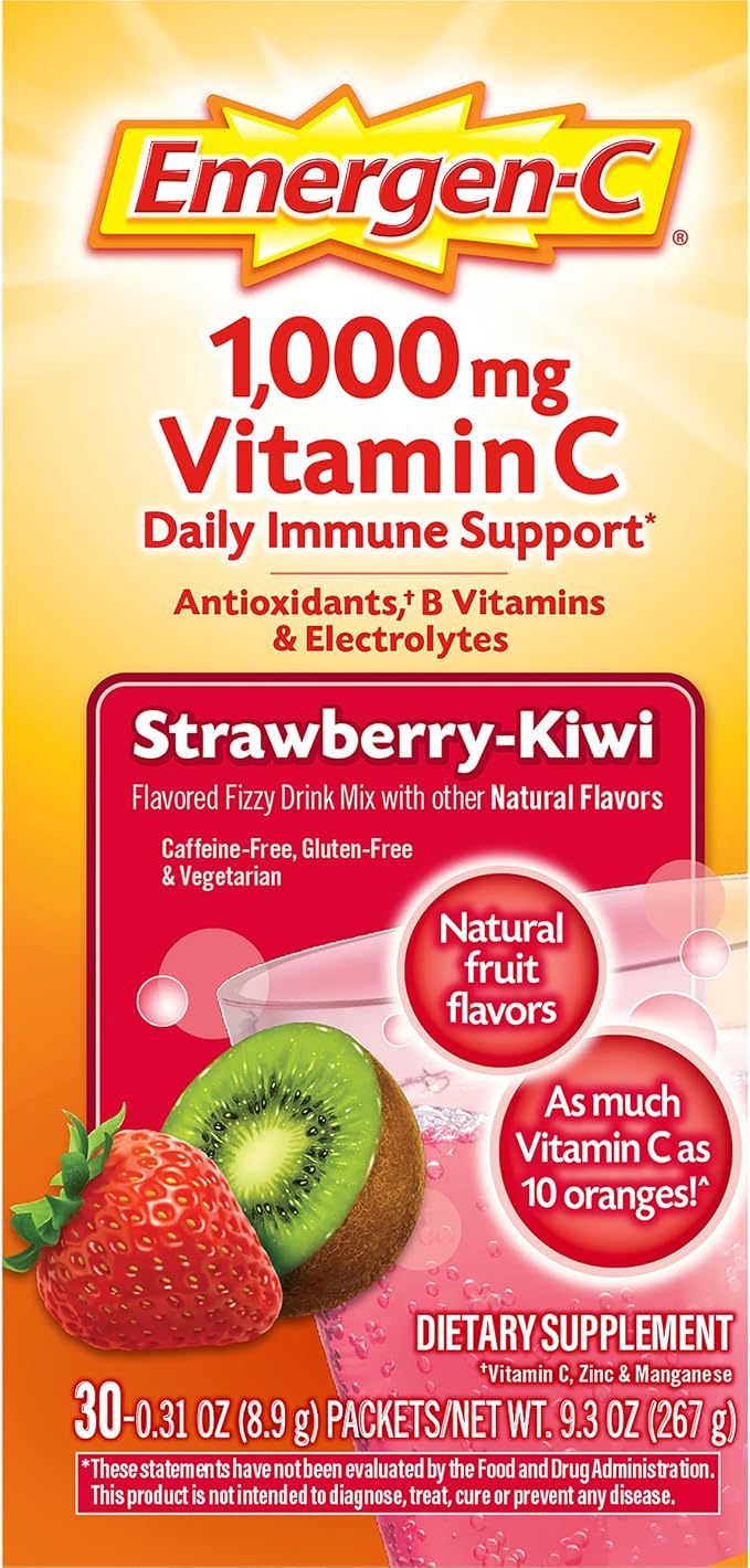 Emergen-C 1000mg Vitamin C Immune Support Powder Strawberry Kiwi 30CT Includes Zinc, Manganese, 7 B Vitamins and Electrolytes for Back to School Essentials (Pack of 12)