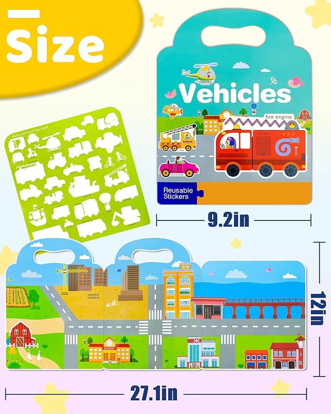 Benresive Reusable Sticker Book for Toddlers, Stickers for Kids, Travel Toys for Arts & Crafts Activities, Birthday Gift for Boys & Girls, Vehicle Themes
