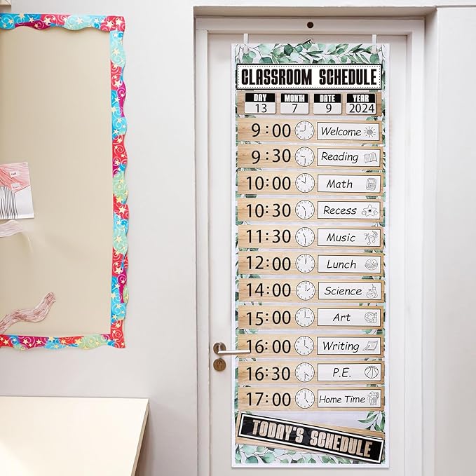 MotiMind Daily Schedule Pocket Chart for Classroom, Calendar Pocket Chart 13+1 Pockets, 21 Reusable Cards for Classroom School 13" x 36" (Rustic Color,Farmhouse)