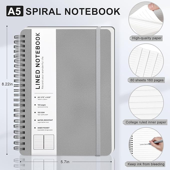 ABERLLS Lined Spiral Journal Notebook with 160 Pages, 8×5.7in, A5 Spiral Notebook, Journaling Notebooks for Work, School, Women, Men, College Ruled Spiral Notebook, Hardcover Leather Journals, Gray