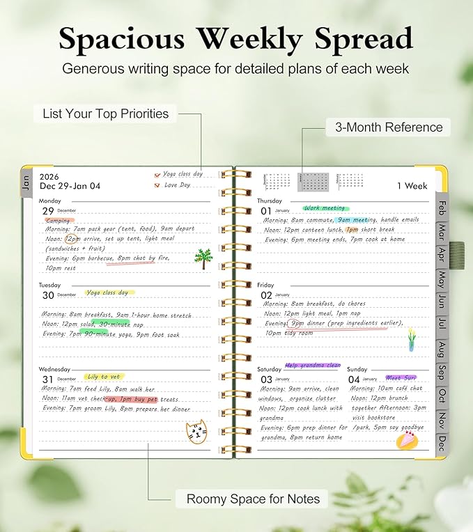 2026 Planner, Hardcover Leather Weekly and Monthly Planner, January 2026 - December 2026, Spiral Yearly Agenda Organizer Book 2026 with Tabs, Daily Calendar Planners for School Work Home, A4 (8.5" x 11"), Green