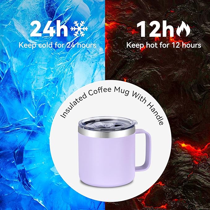 VEGOND 14 oz Insulated Coffee Mug Bulk with Handle, Stainless Steel Travel Coffee Mug with Lid, Double Wall Vacuum Metal Coffee Cup, Coffee Tumbler Powder Coated, Purple 8 Pack
