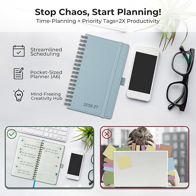Planner 2026-2027 Daily Weekly and Monthly,6.5"x3.75",18 Months Spiral Bound Calendar Agenda with Self-adhesive Pen Holder,2026 Academic Plan with Vegan Leather Soft Cover,Dusty Blue