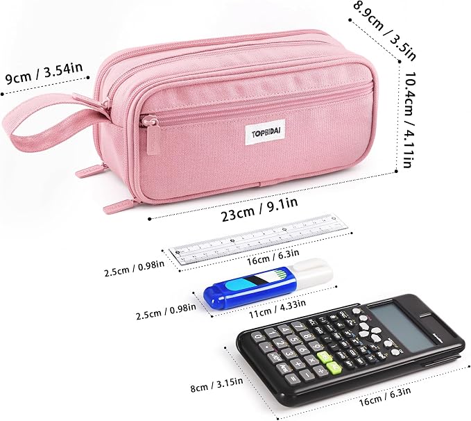 TOPBIDAI Large Pencil Case Pouch for Girls Boy Women Men Adults | Big Capacity Canvas Pencil Bag, Office School Supplies, Multi Compartment Zipper Stationery Pen Box(Light Pink)