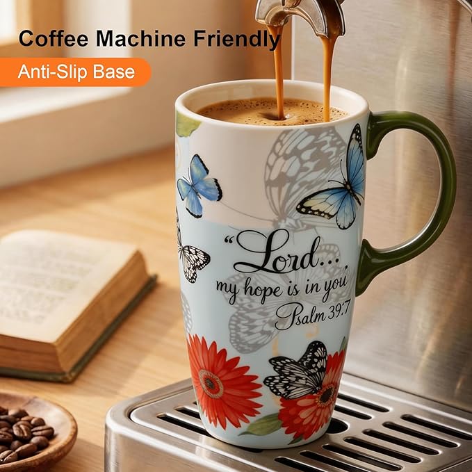 Topadorn 2-Pack 17oz Ceramic Travel Coffee Mugs with Lids, Floral Psalm Design, Microwave & Dishwasher Safe, Gift Set for Women and Men