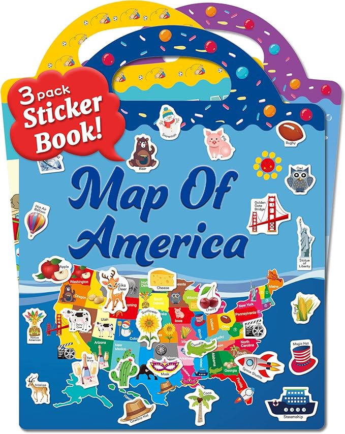 Benresive Reusable Sticker Book for Toddlers, Stickers for Kids, Travel Toys for Arts & Crafts Activities, Birthday Gift for Boys & Girls, America Map, Fairy, My House Themes