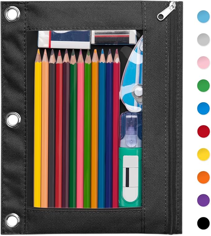 Forvencer Pencil Pouch for 3 Ring Binder, Large Pencil Case Pouch Binder | Zipper Pencil Pouch Pencil Bag with 3 Reinforced Grommets, Pen Bag, Clear Window Pencil Case, Binder Pencil Pouch Box, Black