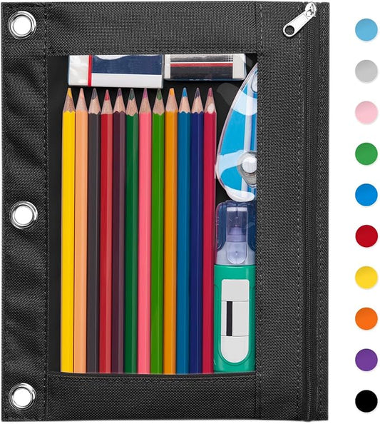 Forvencer Pencil Pouch for 3 Ring Binder, Large Pencil Case Pouch Binder | Zipper Pencil Pouch Pencil Bag with 3 Reinforced Grommets, Pen Bag, Clear Window Pencil Case, Binder Pencil Pouch Box, Black