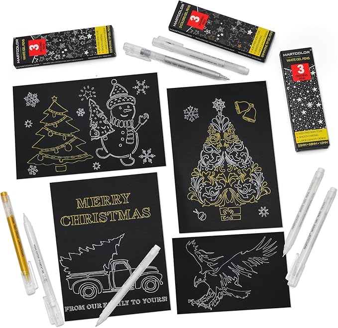 MARTCOLOR Gold Silver White Gel Pens, 1.0 Fine Point Opaque Archival Ink Pen for Black Paper Drawing, Art Highlight, Illustration, Bullet Journaling, Card Making & DIY Projects, 3 Pack