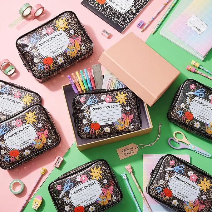 Suclain 12 Pcs Back to School Teacher Gift, Teacher Survival Kit Bag, Cute Composition Book Zipper Cosmetic Pouches, Transparent PVC Pencil Case Waterproof Toiletry Makeup Bag for School Supplies