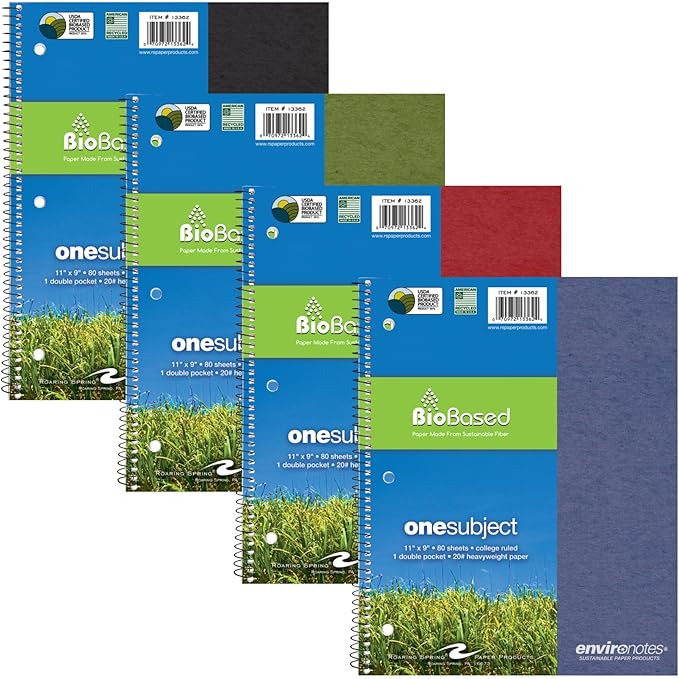 Roaring Spring Environotes Recycled Spiral Notebook, 1 Subject, 24 Pack, 11" x 9", 80 Perforated Sheets, 20 lb Bio-Based Paper, College Ruled w/ Margin, Assorted Earthtone Covers, Double Pocket, Made in USA