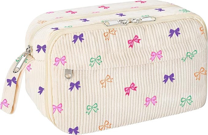 WOBAGMEN Cute Pencil Case,Large Corduroy Zippered Pencil Case Pouch, aesthetic Pencil Bag with Compartments, Pencil Pouch School Supplies (HY-corduroy pc-coloful bow)