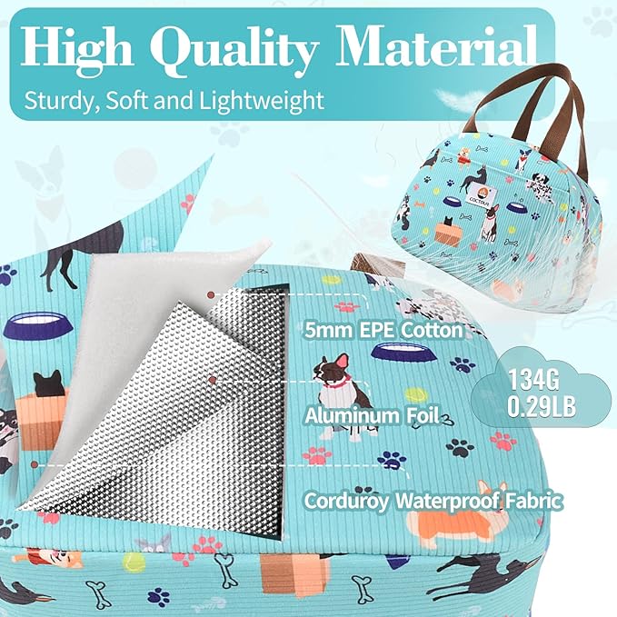 CaCTOUR Lunch Box for Women Girls Teens,Cute Lunch Box Cooler Bag, Portable Insulated Small Lunch Bag Women Reusable Corduroy Lunch Tote for Work/Travel/Picnic/School (Dog Green,Small)