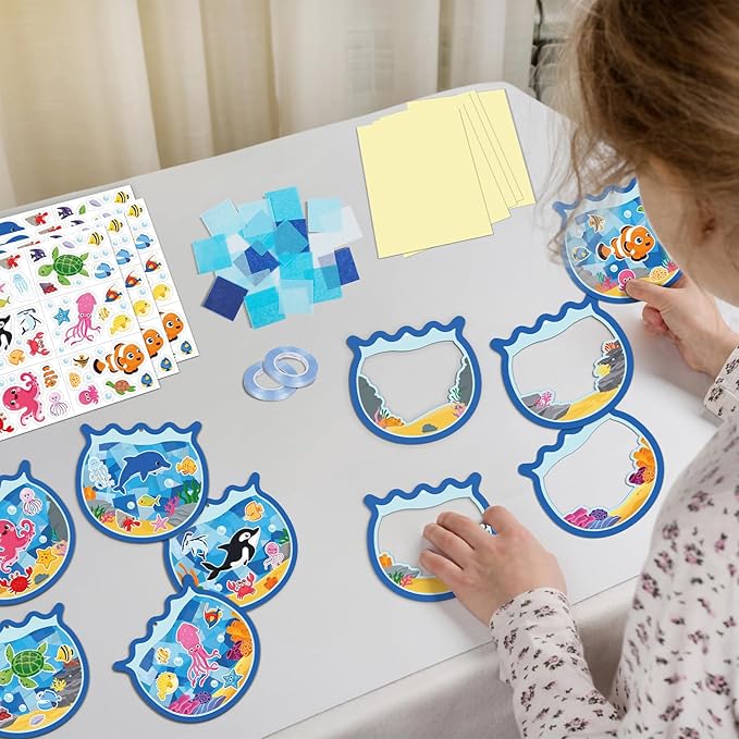 36PCS Summer Activities Crafts Bulk: Sea Animal Ocean Scene Paper Suncatchers, Under the Sea Party Fish Stickers DIY Kit School Classroom Decorations, Window Stained Glass Effect Art Supplies