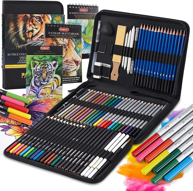 PANDAFLY 80 Drawing Sketching Kit Set - Pro Art Supplies with Sketchbook & Watercolor Paper - Include Tutorial,Pastel,Watercolor,Sketch,Colored,Metallic,Charcoal Pencils - for Beginners & Pro Artists