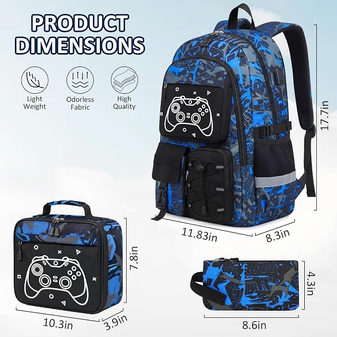 School Backpack for Boys - 4pcs Gamer Boys Backpack with Lunch Box Set for Kids Teens Elementary Middle High School,18″ Large Capacity Students Bookbag with Usb Charging Port & Key-chain