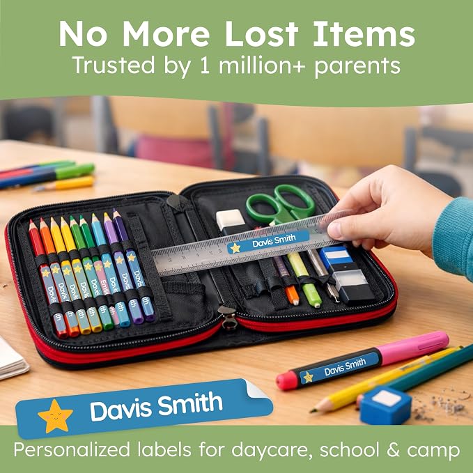 Personalized Kids Name Labels for Pencils Green [225pcs] - Waterproof Name Stickers for School & Daycare - Pencil Custom Name Stickers - Children Name Stick On Labels for Pens (2.0”x0.3”)