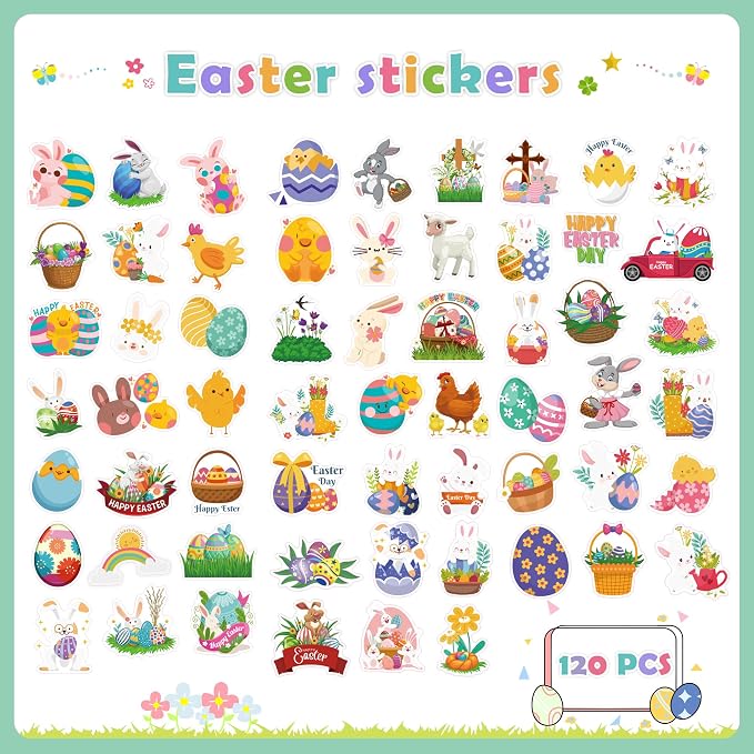 OHOME Easter Stickers | 120 PCS Egg Bunny Stickers for Kids -Easter Egg Stuffers - Vinyl Easter Games Crafts Activities Party Favors Basket Stuffers - Kids Gifts for Boys Girls