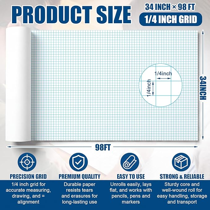 Jetec 1 Roll Large Grid Graph Paper Roll 1/4'' Grid 33.9 Inch x 98ft Engineering Drafting Paper for Blueprint School Classroom Graphing Supplies Engineer Architect Designer Mathematician Gifts