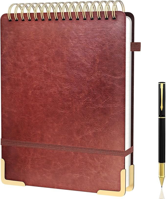 A4 Top Spiral Notebook, Large Leather Hardcover Top Bound Steno Pads, 240 Pages 100 gsm Thick Lined Paper Left Handed Notebook Journal for Work, School, Meeting Writing - Brown, 8.5" x 11"
