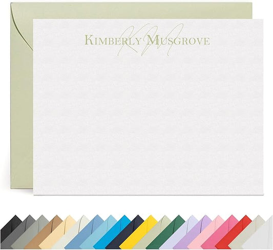 Personalized Stationery Note Cards with Envelopes – Custom Minimalist Thank You Cards, 12 Flat Note Cards & Colored Envelopes – Crush-Resistant Packaging - Folded Cards Option (Thin Initial Behind)