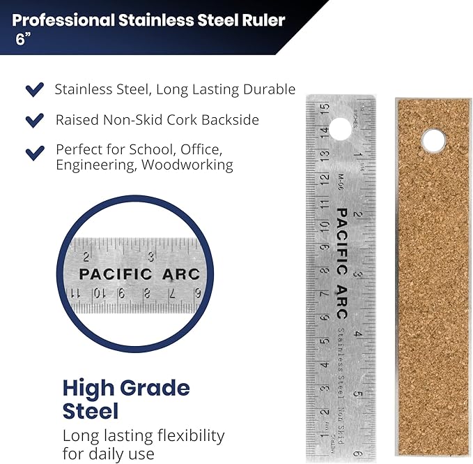 Pacific Arc Stainless Steel 6 Inch Metal Ruler Non-Slip Cork Back, with Inch and Metric Graduations